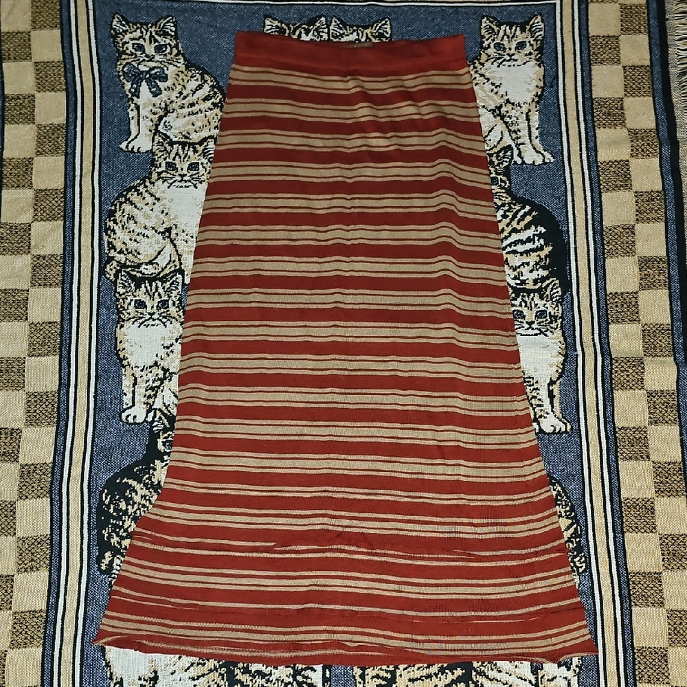 Peruvian Connection Striped Red and Tan Women's Skirt Maroon Cream Cotton